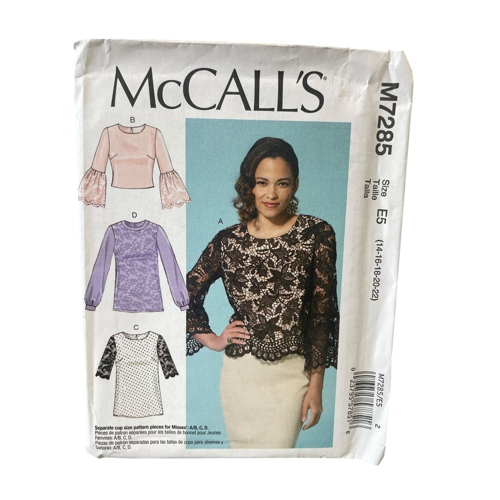 McCall's M7285 Sewing Pattern Misses Size 14-22 Blouse Lace Bell Sleeve Uncut FF